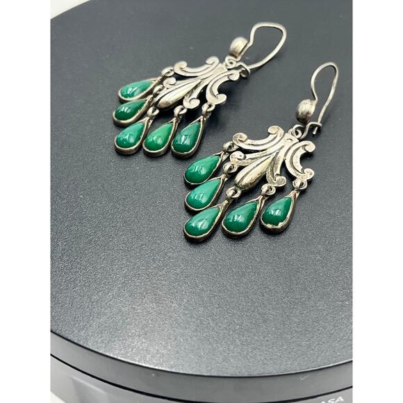 John H. Peckham, Sterling Mexico Green Stone Cabochon Chandelier Earrings Navajo - Picture 3 of 11